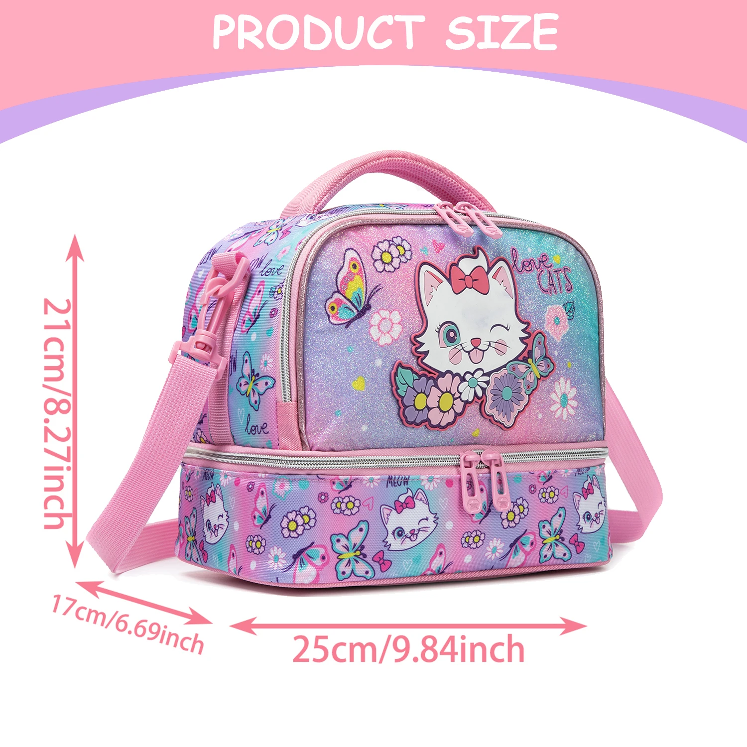 Cute Cat Print Glitter Double Layer Lunch Bag for Kids Girls with Shoulder Strap, Insulated Lunch Tote for School Picnic Travel view 2