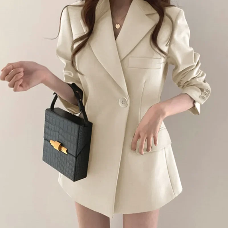 Office Casual Blazer Coat Women Notched Single Button Pocket Long Sleeve Suits Tops Female 2025 Spring Solid Elegant Ins Jacker