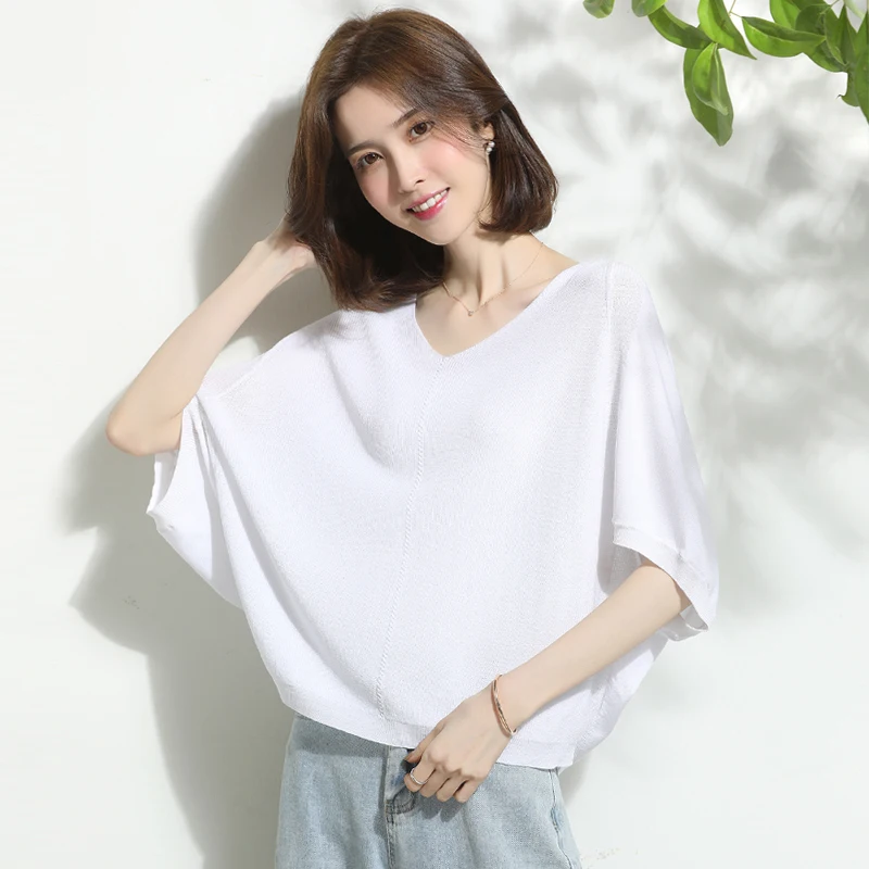 Women Loose Sweater Blouse 2022 Summer & Spring Fashion Batwing Sleeve Knitwear Tops Elegant Ladies V-Neck Oversize Knit T Shirt