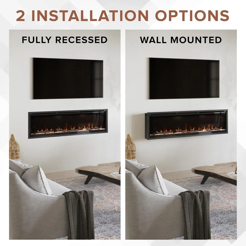 72 Inch Smart Linear Electric Fireplace - Recessed in-Wall and Wall-Mount, Multiple Flame Colors, Compatible with Alexa