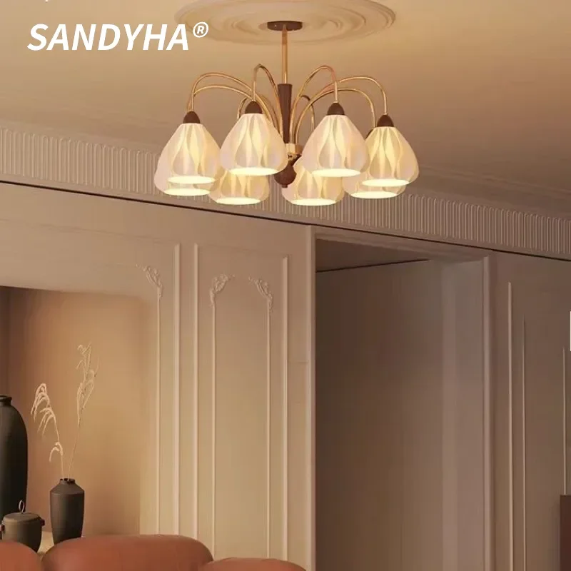 SANDYHA Nordic Retro Chandelier Walnut Butter Pendant Light LED Hanging Lamp For Bedroom Living Room Dining Table And Home Decor