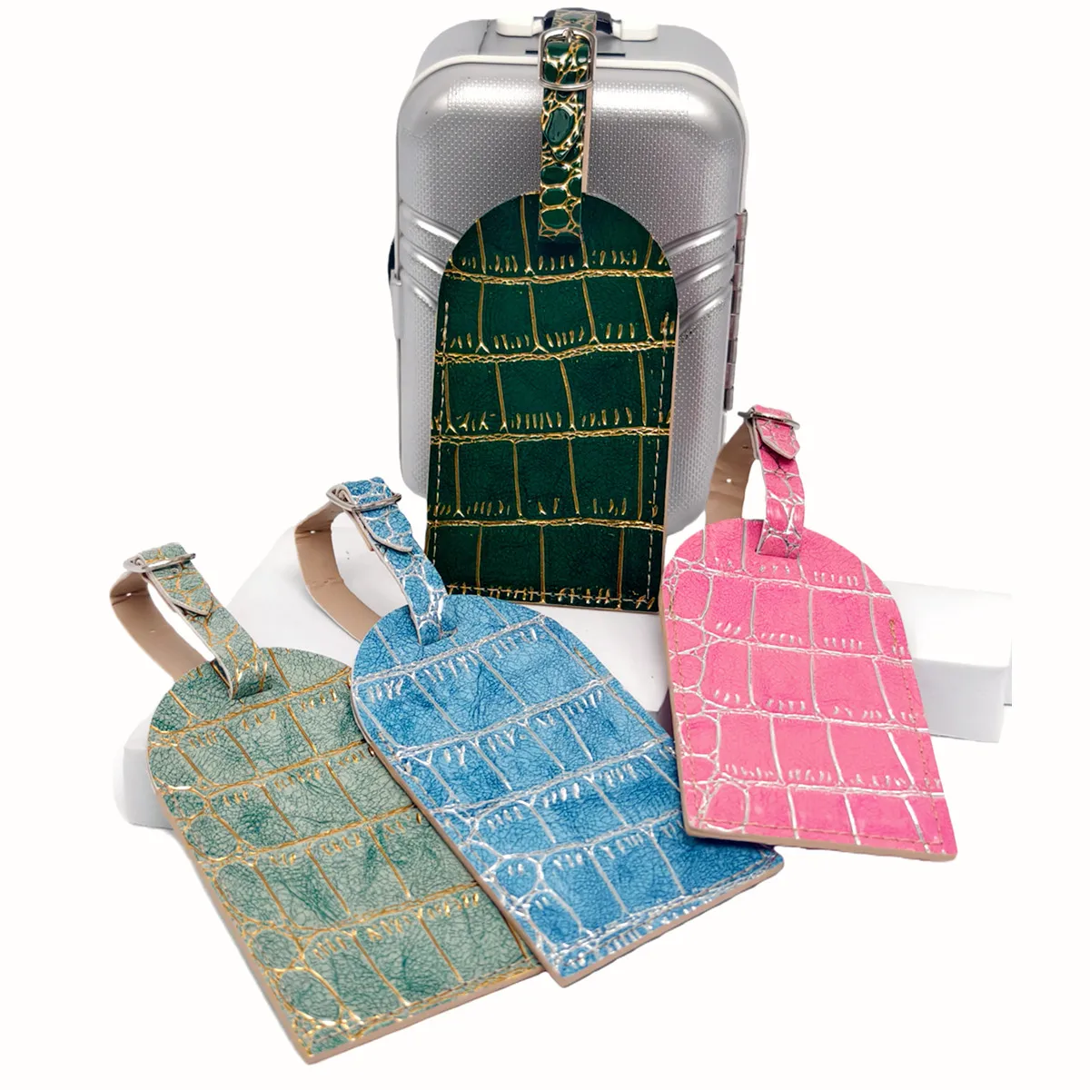 Crocodile Embossed Gold/Silver Color Border Luggage Tag Hanging Tag Suitcase Tag With Name ID Cards Anti-lost Travel Accessories