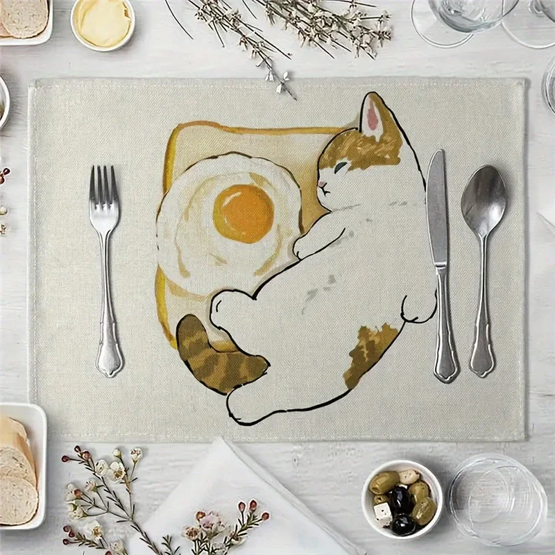 2pc Cartoon Cat Linen Blend Table Mats Heat Insulation Pads Perfect for Home Kitchen Dining Decor Ideal for Weddings Parties