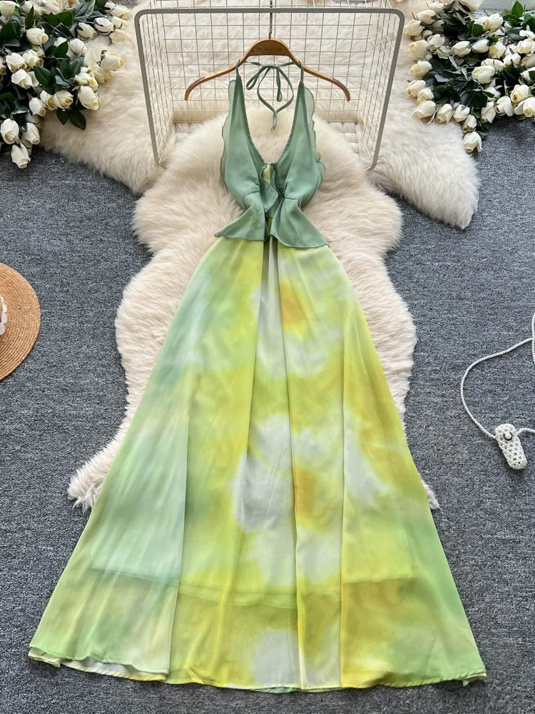 Beach Vaion Sle Dyed Print Maxi Dr Women's High Waist A-Line Summer Skirt No Sve Ne Hanging Gown Commute Ready