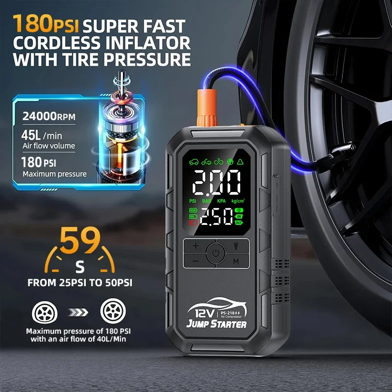 10000a 8000a Amp 7000a 6000a 180psi Smart Car 12v Battery Booster Auto Tire Super Compressor Air Pump Power Bank Jump Starter