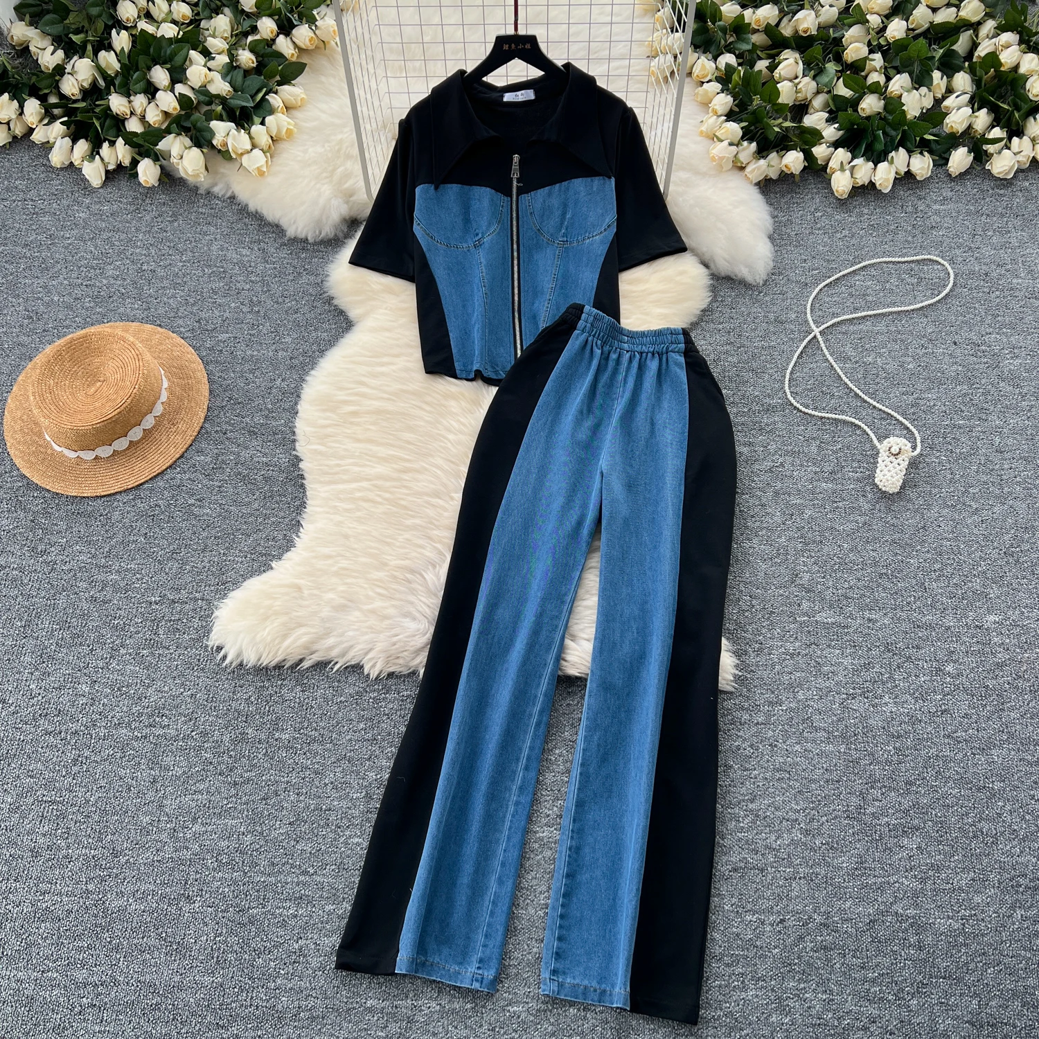 Casual Pant Sets Denim Splicing 2 Pieces Set Summer Polo Collar Zipper Tops + High Waist Wide Leg Trousers Women Clothing Suit