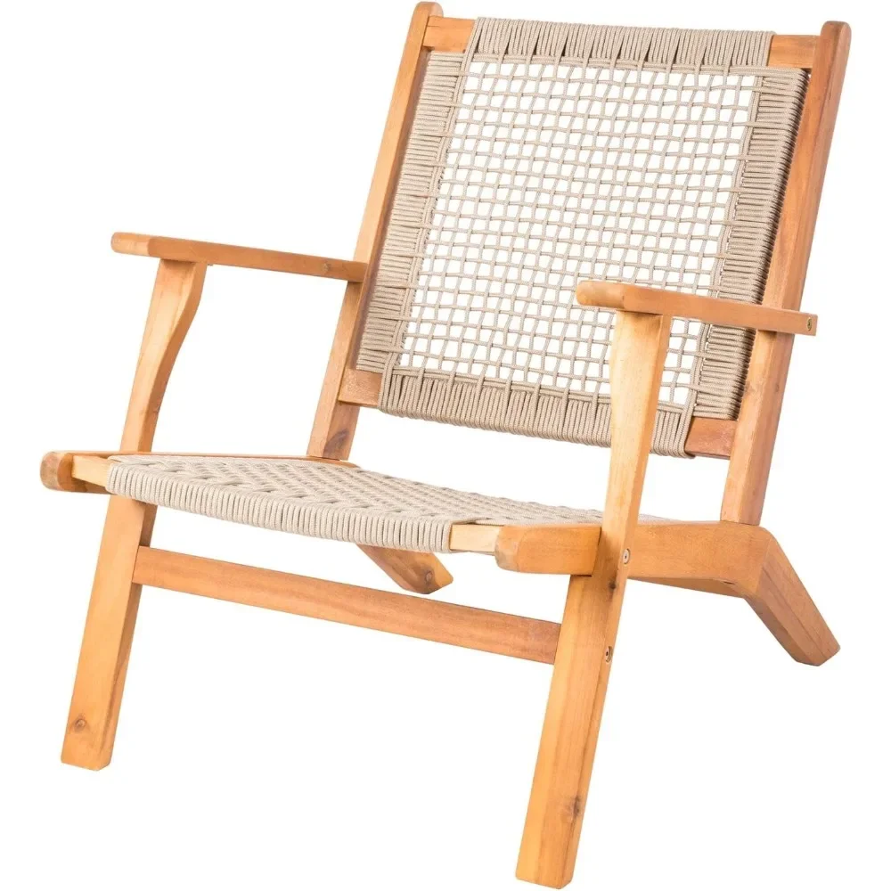 

Natural Stain Outdoor Chair Acacia Wood Construction Hand Woven Seat Mid Century Design Comfortable Reclining Armchair
