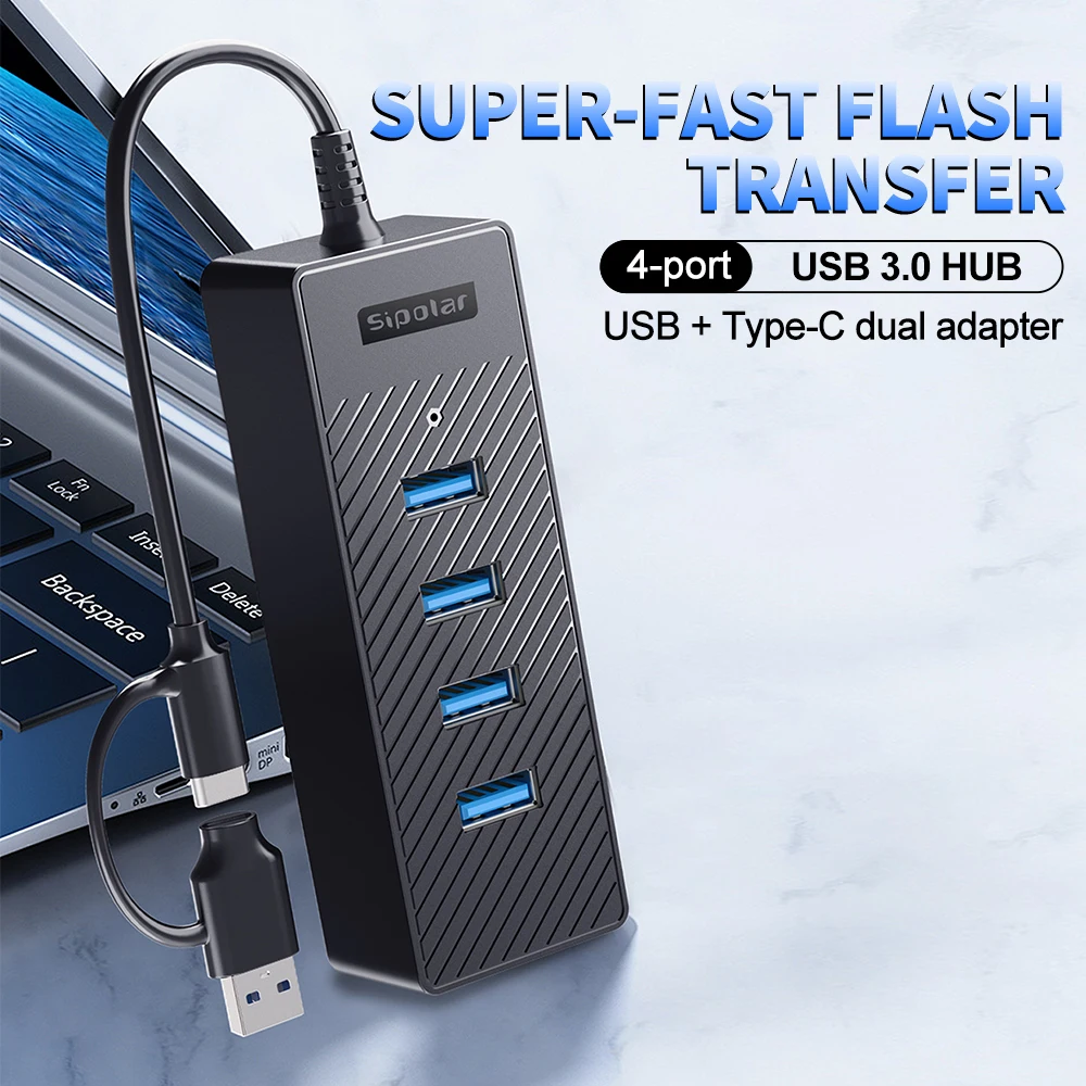 Portable 4-Port USB 3.0 Hub High-Speed 5Gbps with Blue Indicator for Easy Use