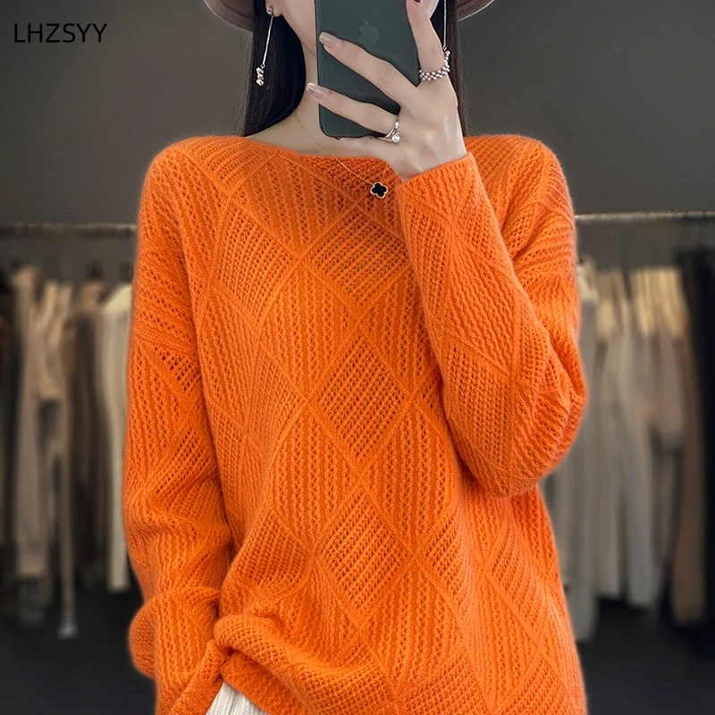 LHZSYY Ladies\' New Cashmere Sweater Word Neck Jacquard Knit Pullovers Solid Loose Large size Tops Autumn Winter Wool Warm Blouse