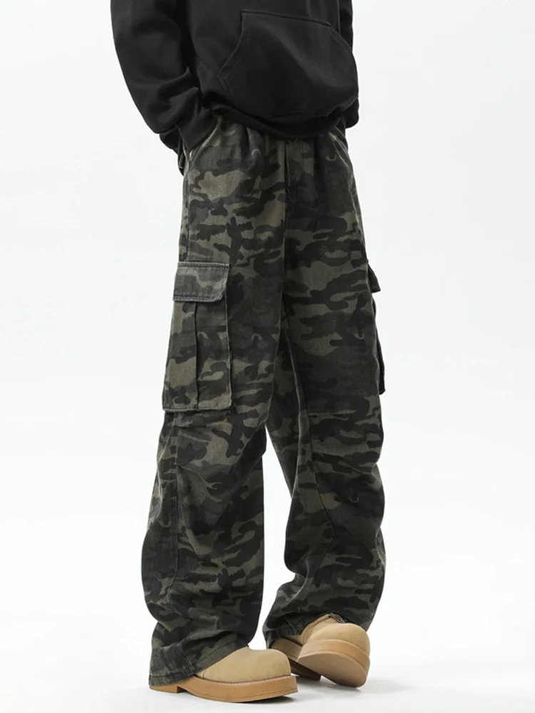 Camouflage Micro Flared Knife Pants For Men's Spring And Autumn American Fashion Brand Loose Floor Mopping Wide Leg Cargo Pants