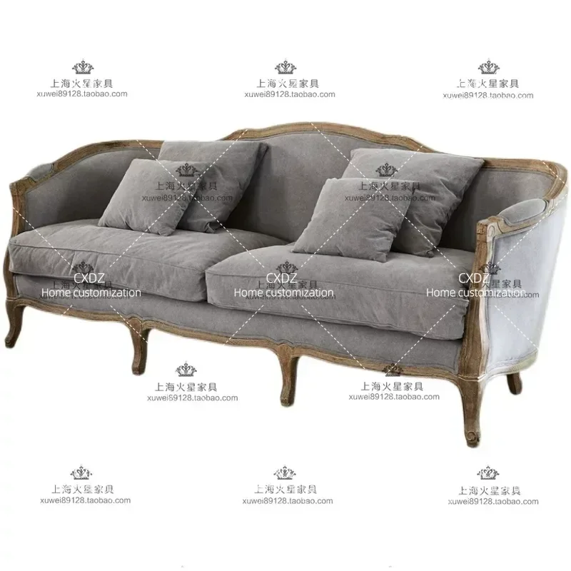 Solid Wood Retro Fabric Three Seater Sofa Double Seat Vintage Style Living Room Furniture for Small Apartment