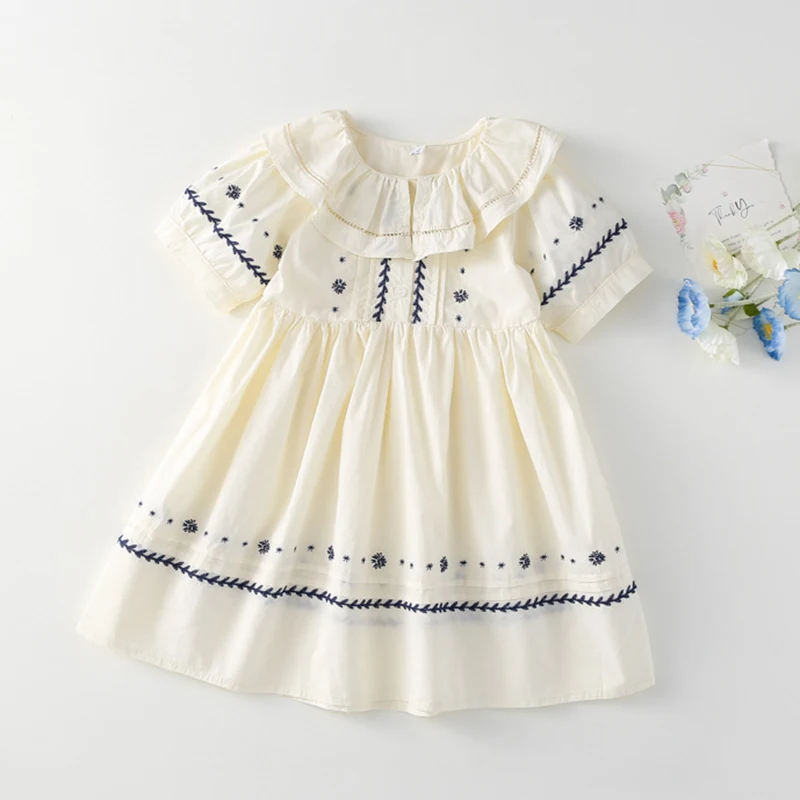 Retro Embroidery Kids Dresses Korean Style Loose Elegant Girls Casual Dress Puff Sleeve Spring Summer Children Clothes