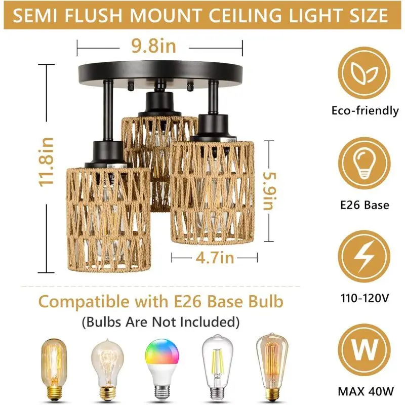 فلوش جبل 3 أضواء الروطان تركيب المصابيح تصميم فريد تطبيق واسع E26 قاعدة يعتم وظيفة حجم المصباح سهلة التركيب #6