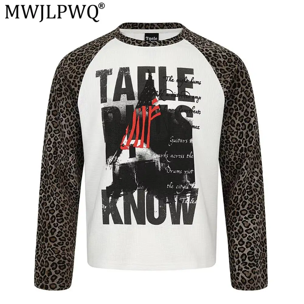 MWJLPWQ Leopard Print Patchwork Raglan Long Sleeve T-Shirt Men Hip-Hop Trendy Letter Print Round Neck Casual Top Autumn 17327