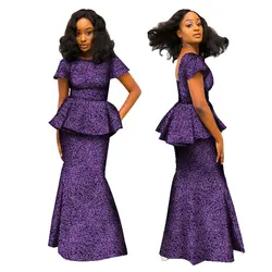 Bintarealwax African Skirt for Women Dashiki Backless O-Neck Short Sleeve Tops & Long Skirt 2 Pieces Set Africa Clothes WY1695