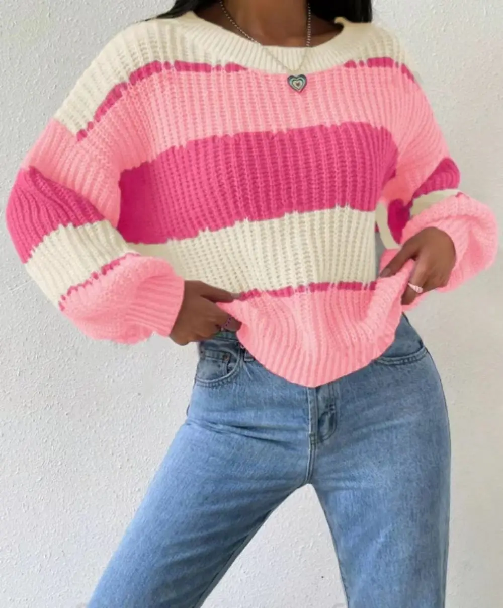 Korean lazy pink sweater 2024 Autumn/Winter design sense of color contrast round neck stripes outside the top woman