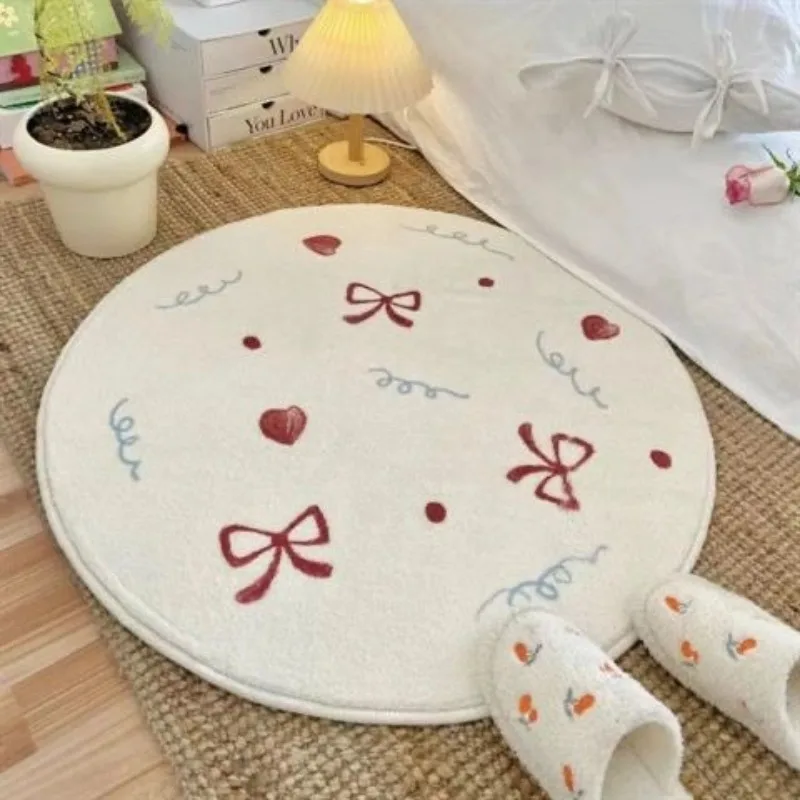 Elegant Round Carpet with Black Bow Tie Patterns and Dotted Border Area Rug for Living Room Bedroom Nordic Home Decor Mat