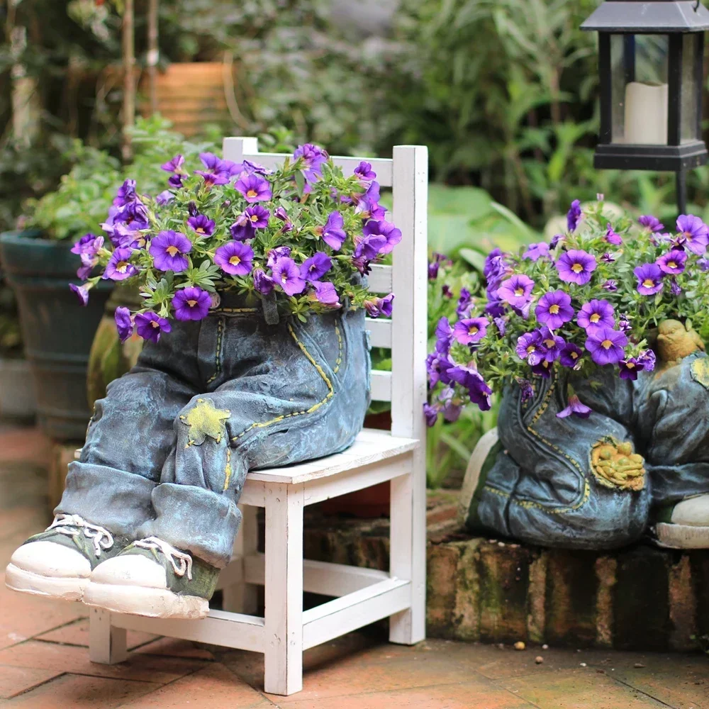 American Outdoor Courtyard Cement Cowboy Vase Sculptures Decoration Crafts Balcony Park Ground Flower Pants Flowerpot Ornaments