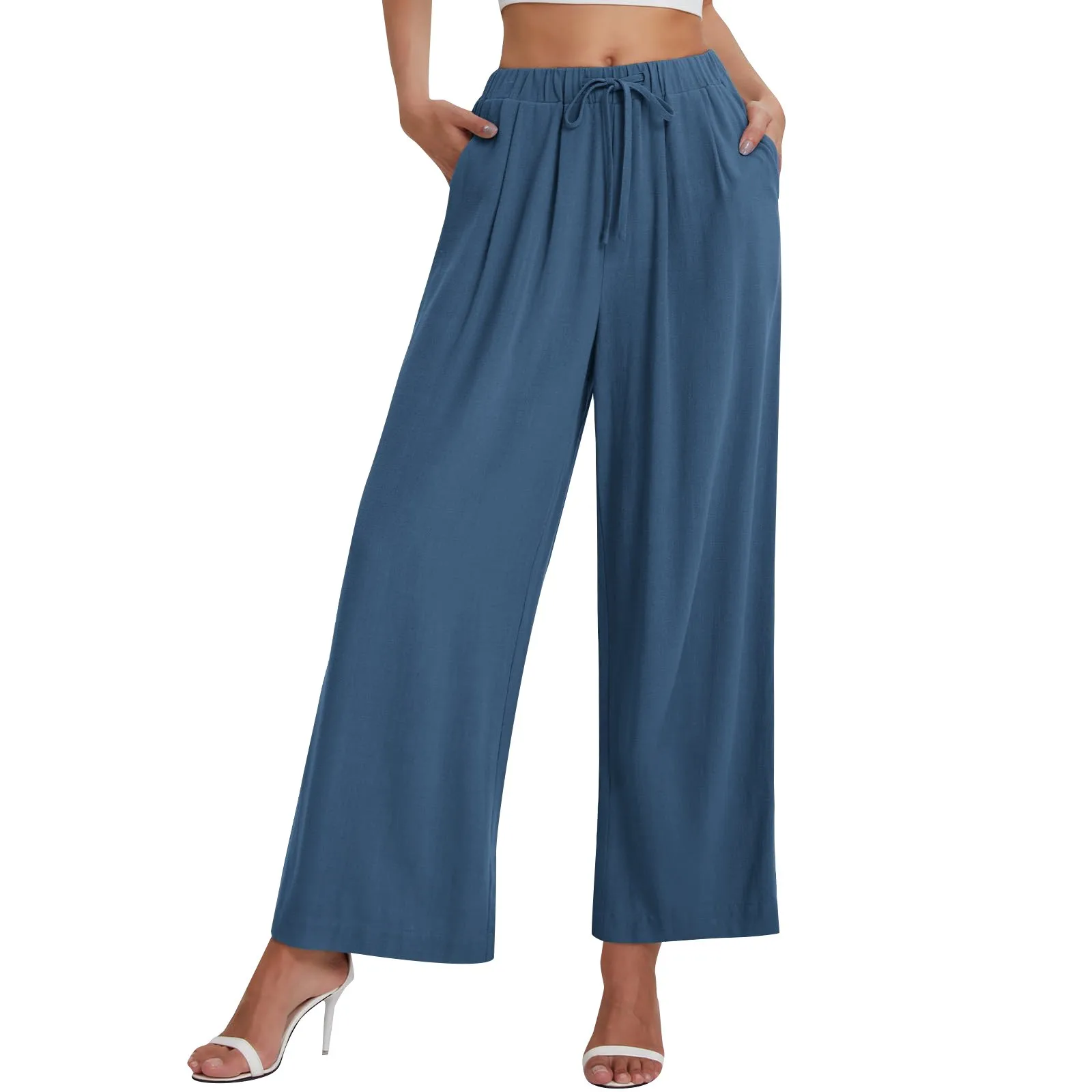 Women's Cotton Linen Pants Summer Wide Leg Casual Loose Drawstring High Waist Palazzo Pants Trousers With Pockets Pant for Women