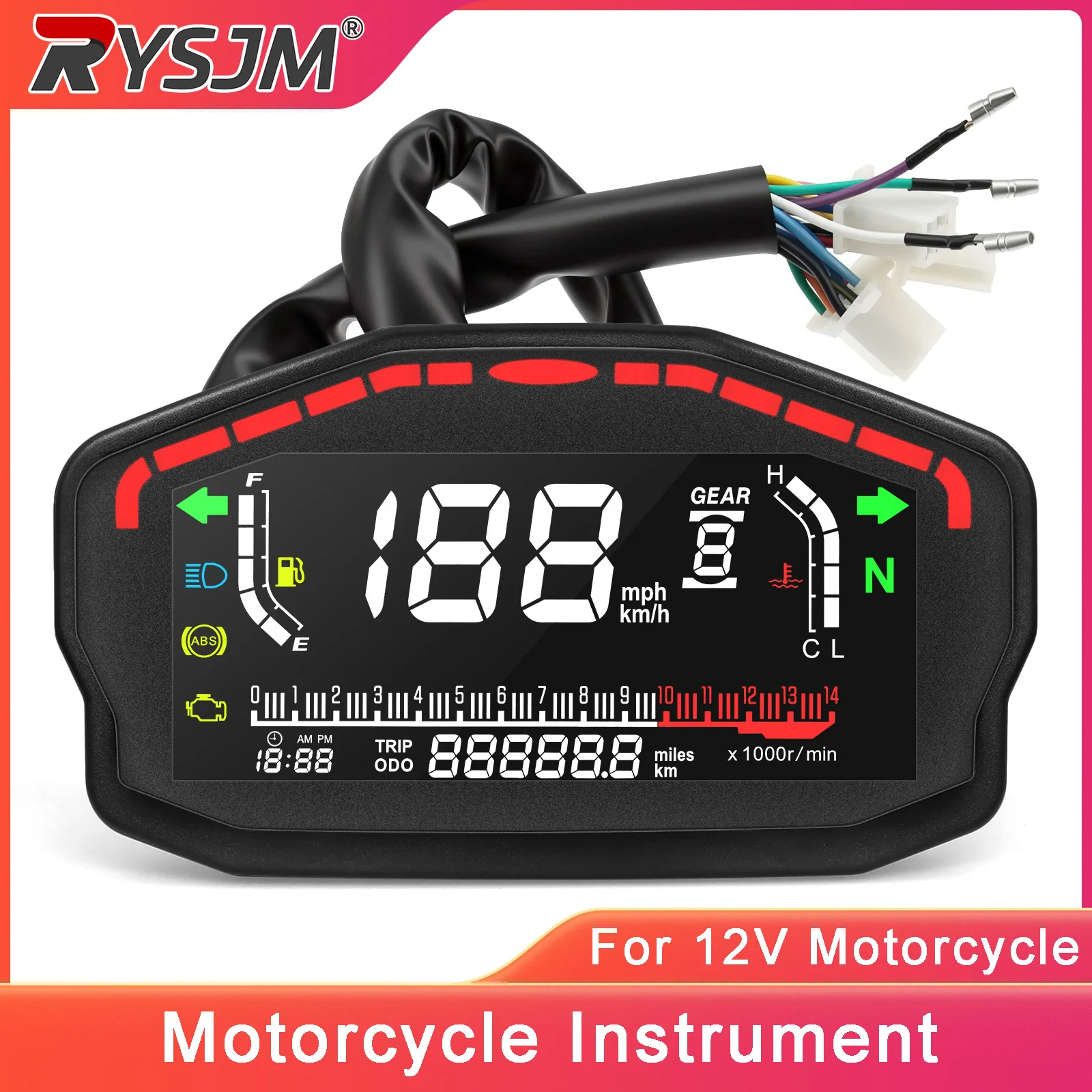 Motorcycle LCD Speedometer Universal Digital Meter Water Temp Hour/Clock Fuel Level TRIP Odometer 14K RPM Tachometer For Honda