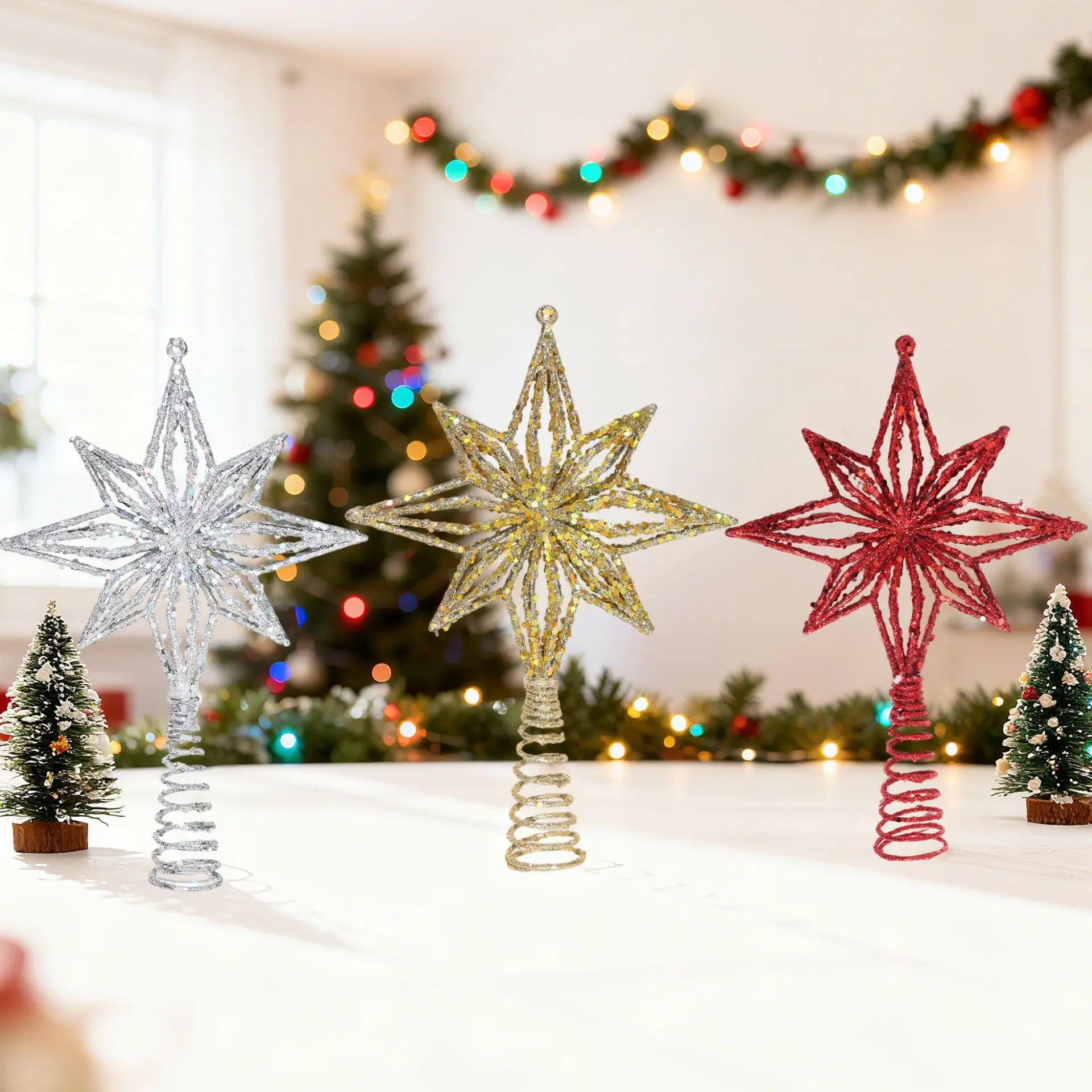 Christmas Gold Powder Snowflake Tree Top Star Ornament Christmas Tree Hollow Gold Silver Red Top Star Holiday Decoration