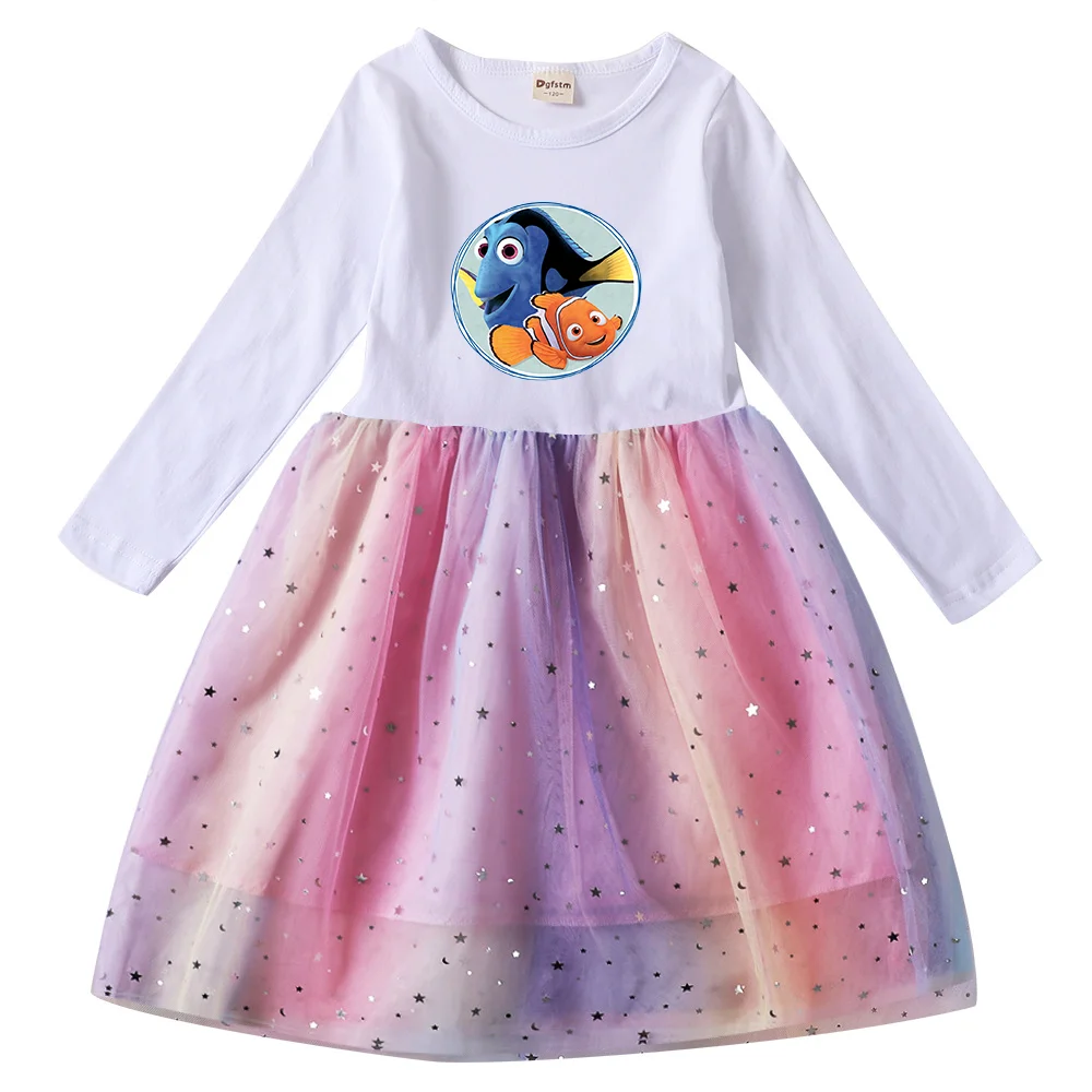 Disney Finding Nemo Girls Toddler Prom Mesh Dresses Children Party Clothes Long Sleeve Princess Costume Kids Fall Dresses