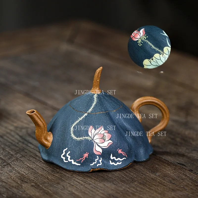 100ml Handmade Lotus Pod Shaped Teapot Blue Ceramic Tea Pot with Hand Painted Pink Lotus and Bronze Handle for Kung Fu Tea