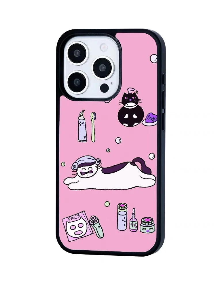 Korean Cartoon Pink Facial Mask Cat Black Edge Soft Shell Phone Case for IPhone 15 14 13 Pro Max 12 11 Pro 14 15 Plus Back Cover