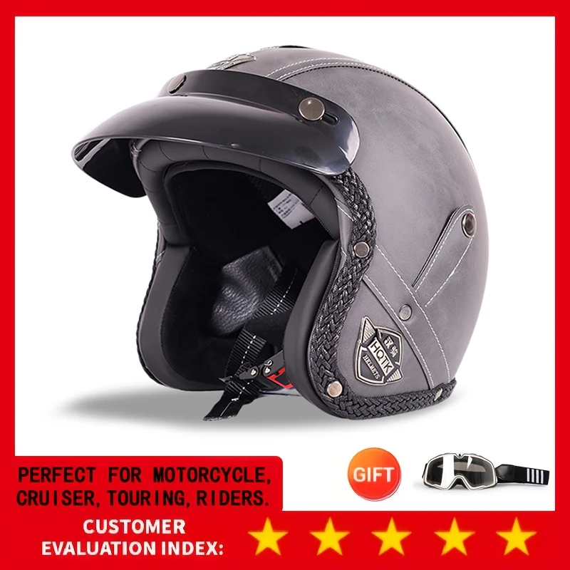 

Retro Motorcycle Helmet 555-Black Plaid Leather Cap Four Seasons Cruise Motorcycle Three-Quarter Helmet Vintage Style