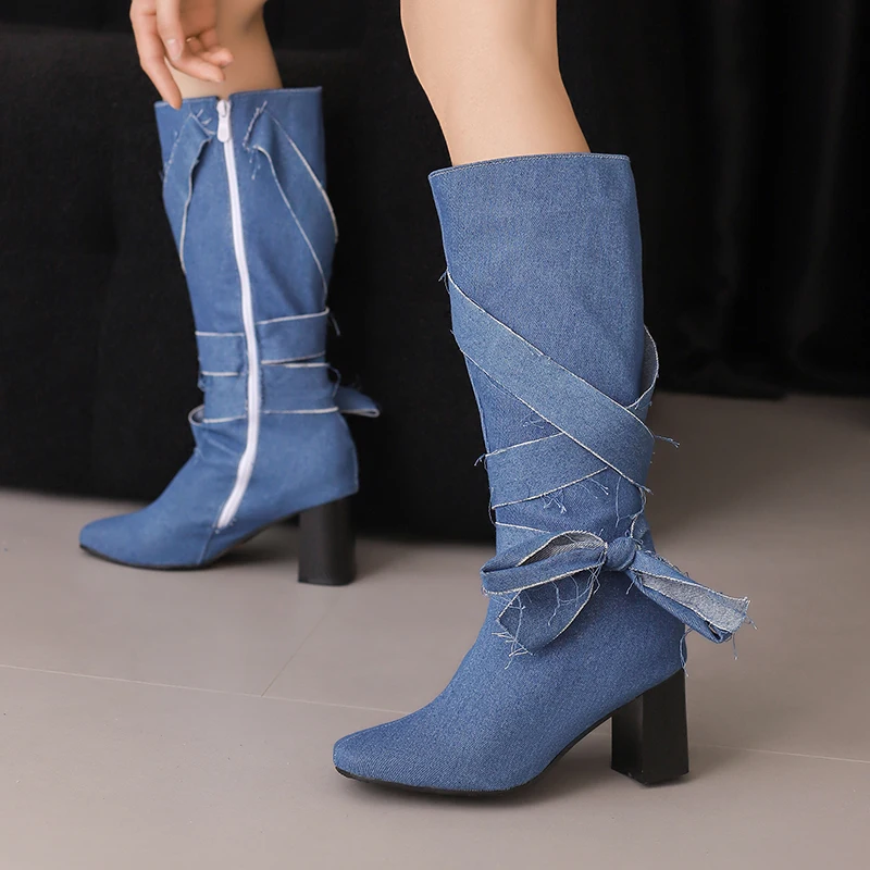 Handmade Denim Long Boots for Women Round Toe Chunky High Heel Booties with Bowknot Strap Cowgirl Boot Plus Large Size 34-48