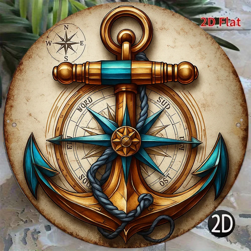 CIFBUY Vintage Nautical Anchor Compass Round Aluminum Wall Art Waterproof Durable Metal Sign Decor for Living Room Bedroom Bar