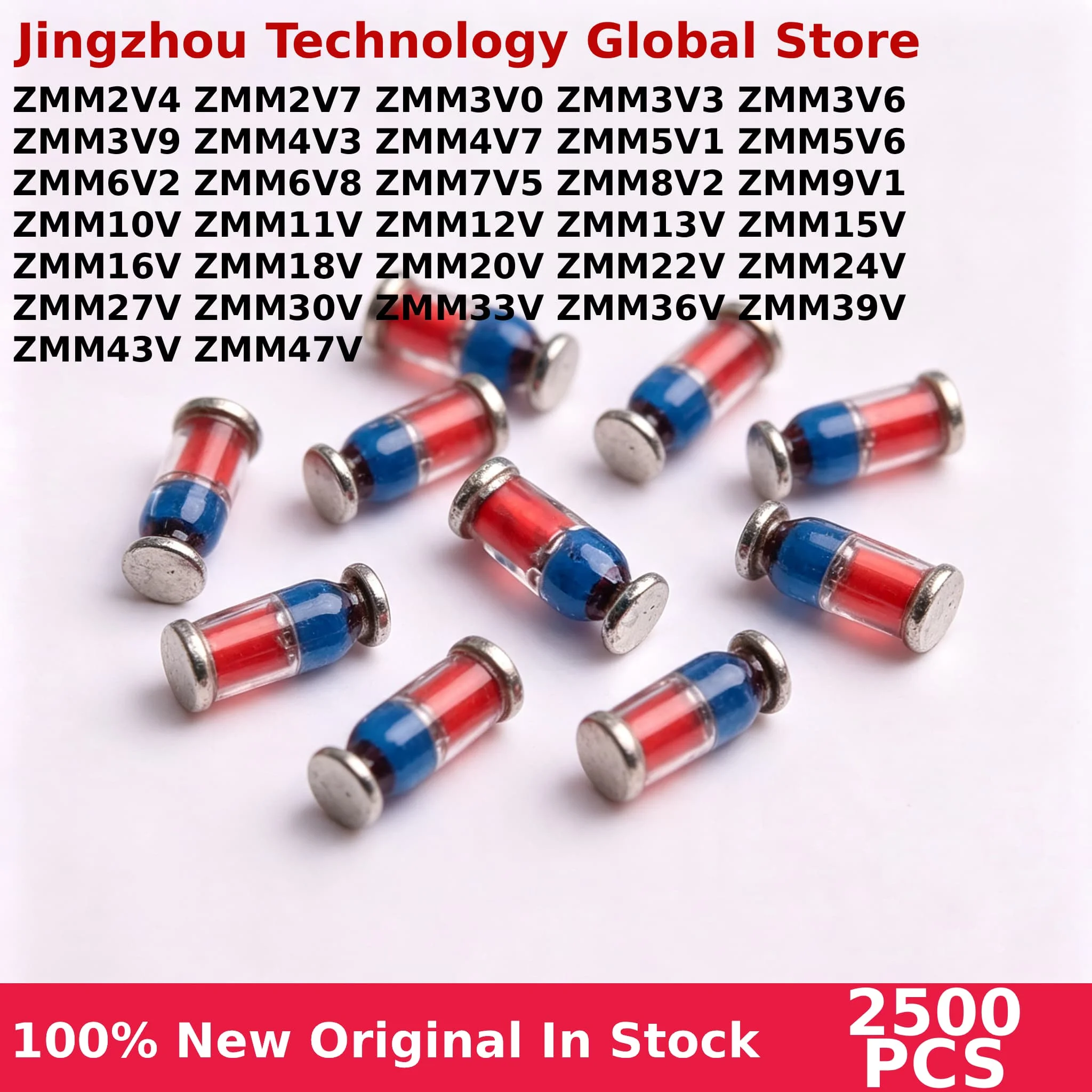 100% New 2500PCS 1/2W 0.5w Zener diode ZMM 2V4 - 47V 3V 3V3 3V9 4V7 5V1 7V5 8V2 10V 12V 15V 16V 18V 20V 24V 30V 47V LL34 SMD