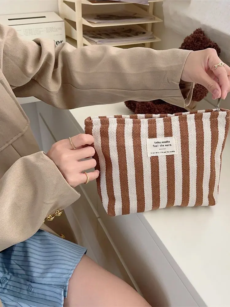 1Pc Simple Striped Canvas Cosmetic Bag For Women Large Capacity  Portable Handheld Makeup Case Travelling Bags For Ladies