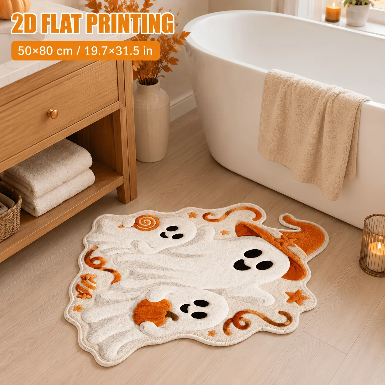 VIKAMA Ghost Witch Hat Shaped Bath Mat,Non‑Slip Rug,Pumpkin Candy Star Halloween Irregular Carpet for Bathroom Home Decor Rug