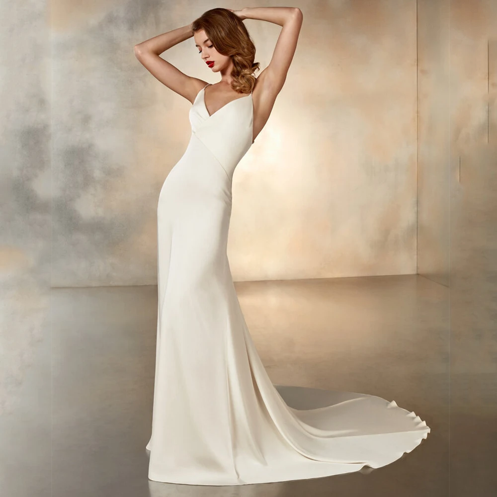 Customized Deep V-Neck Sheer Straps White Wedding Dresses for Brida Sleeveless Sheath Floor-Length Jersey Button Open Back