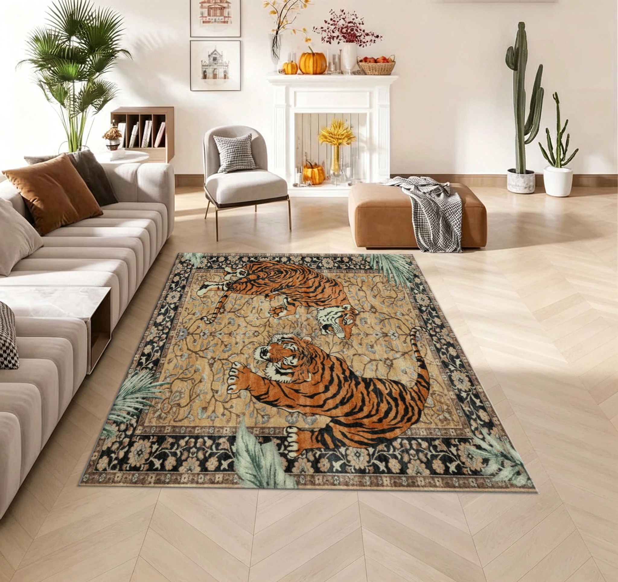 Double Tiger Pattern Vintage Floral Border Carpet Retro Animal Palm Leaf Floor Mat Home Decorative Carpet