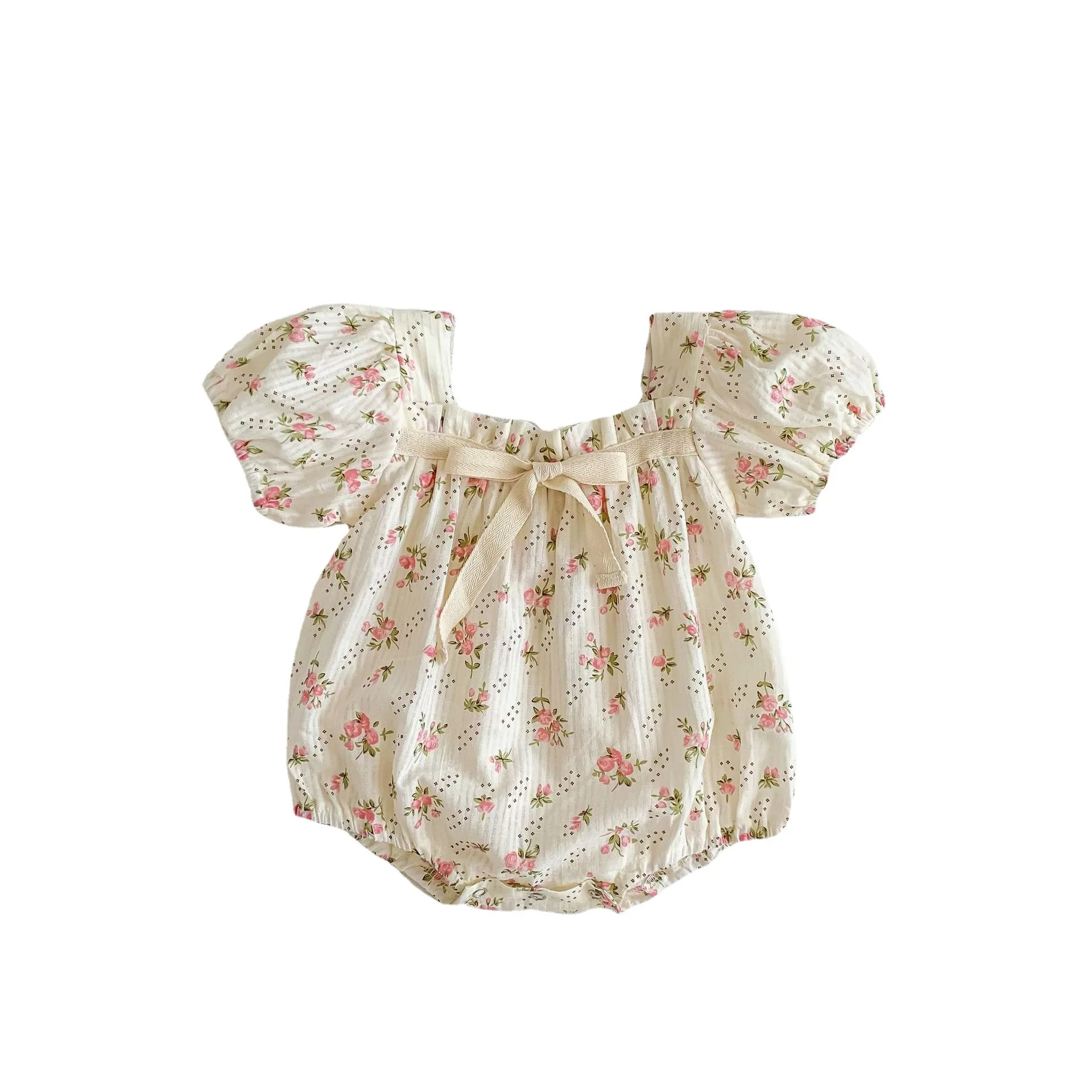 2023 Summer Infant Toddler Jumpsuit Small Flower Bird Baby Girl Puff Sleeves Romper Clothes Gril Climbing Bodysuit for Newborns