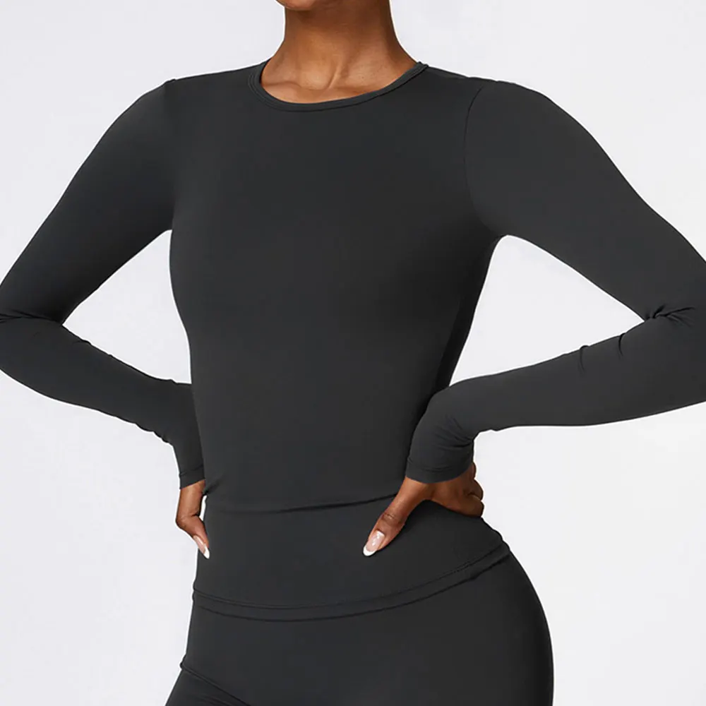 Chemises de yoga sans couture pour femmes, haut court, manches longues, vêtements de sport, fitness, push-up, entraînement, t-shirts de sport en Y