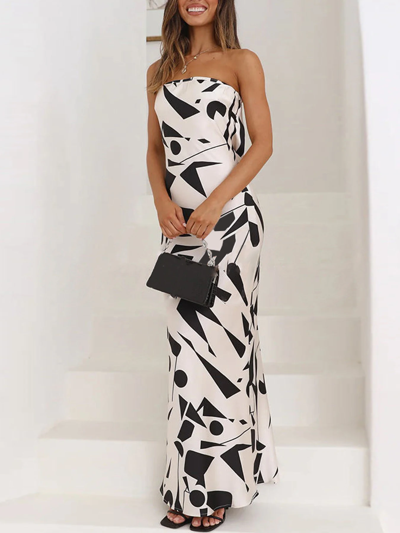 Spring and Summer New Elegant Women's Fashion Design Black and White Graphic Print Dress, Elegant Slim-Fit Strapless Dress with Hollow Back
