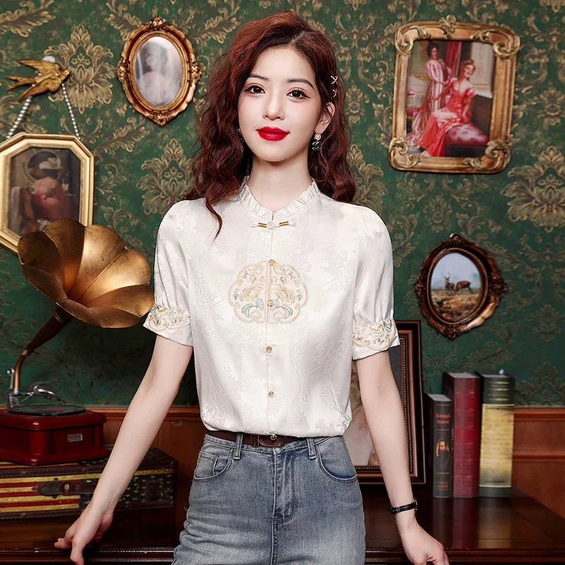 

Chiffon Chinese Style Women's Shirt Summer Vintage Embroidery Blouses Loose Short Sleeve Women Top Fashion Clothing 2024 Korean