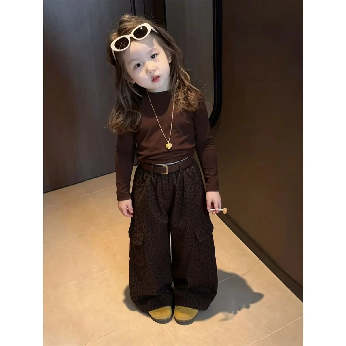 Girls Clothing Sets Spring Autumn 2026 New Fashion Kids Casual Brown Long Sleeve T-Shirt and Leopard Print Pants 2-Piece Outfit