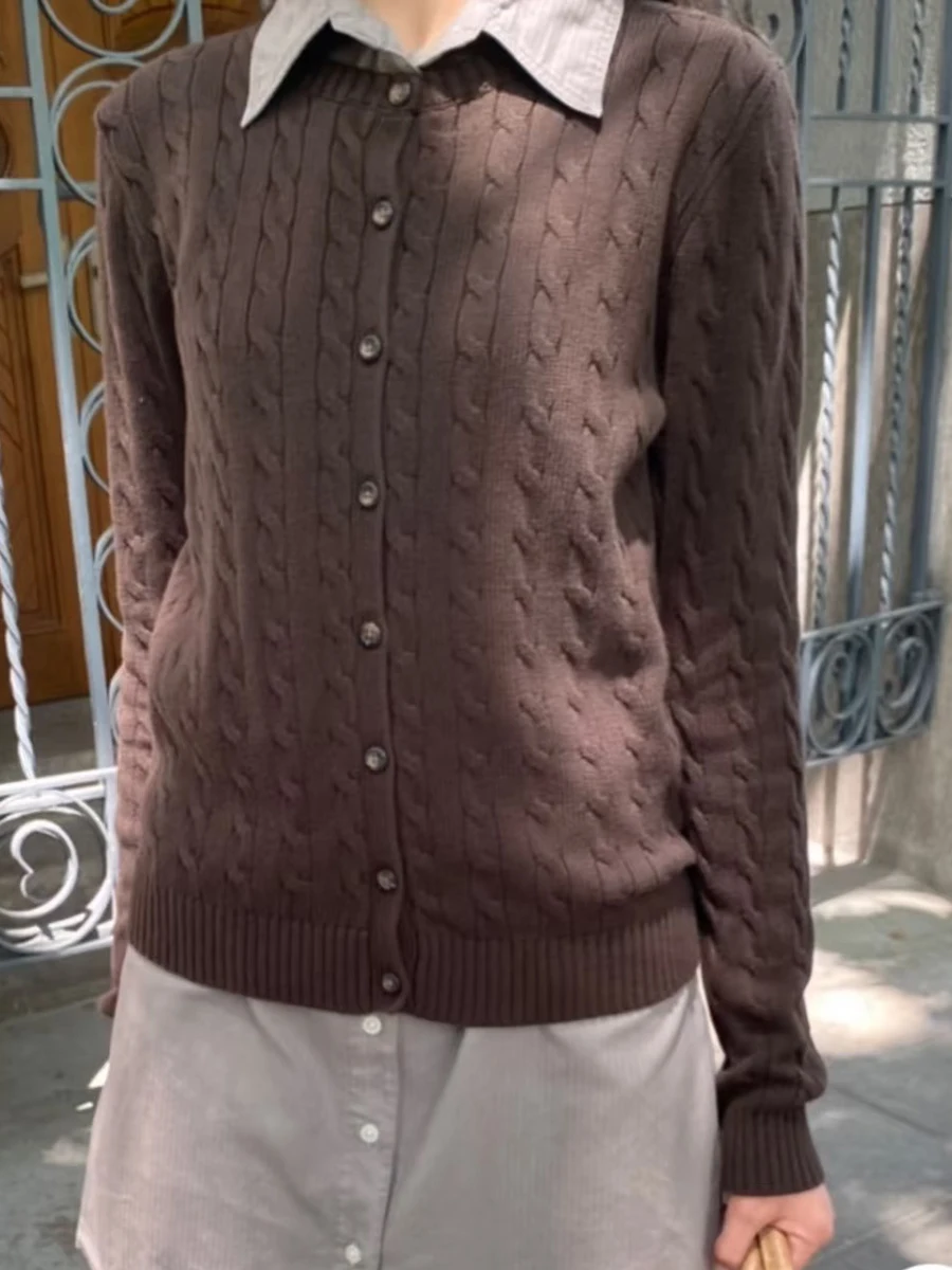 

Autumn Brown Twisted Sweater Cardigan Women O Neck Single Breasted Long Sleeve Jumper Preppy Style Vintage Sweet Knit Outerwear