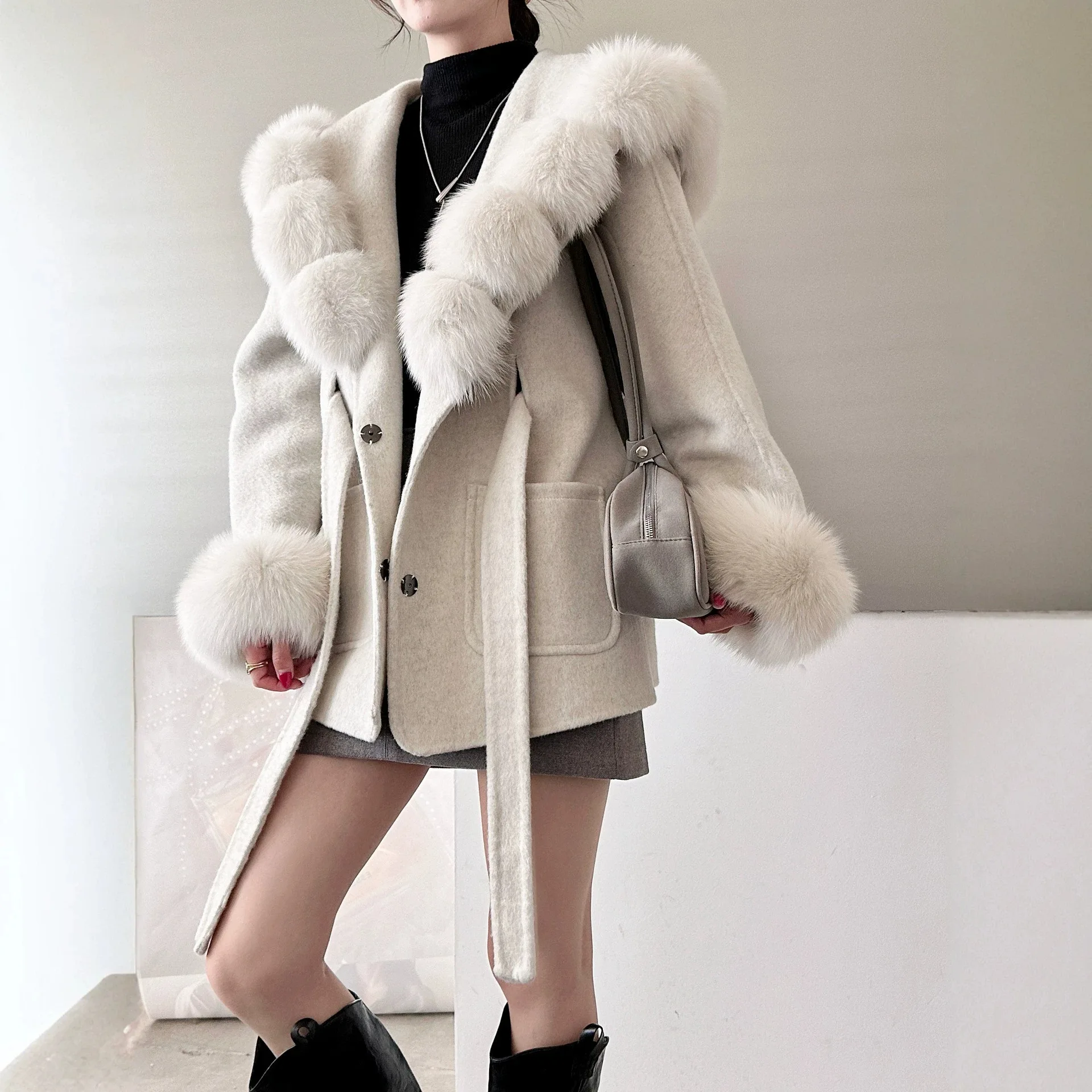 Premium Fox Fur Hooded Cropped Cape Coat – Women's Double-Faced Wool Relaxed Fit Belted Jacket