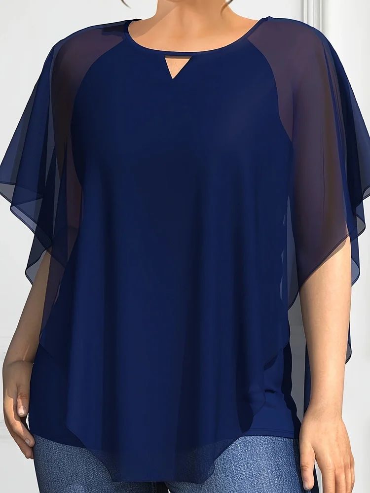 Blusa de gasa de talla grande para mujer, Top holgado con cuello redondo, camisas con mangas de murciélago, blusa, ropa informal para mujer, Top de verano 2025