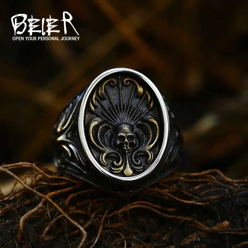 BEIER 2022 New Punk Calvarium Skull Ring With Pattern For Men Biker Hip Hop Jewelry Wholesale Motorcycle