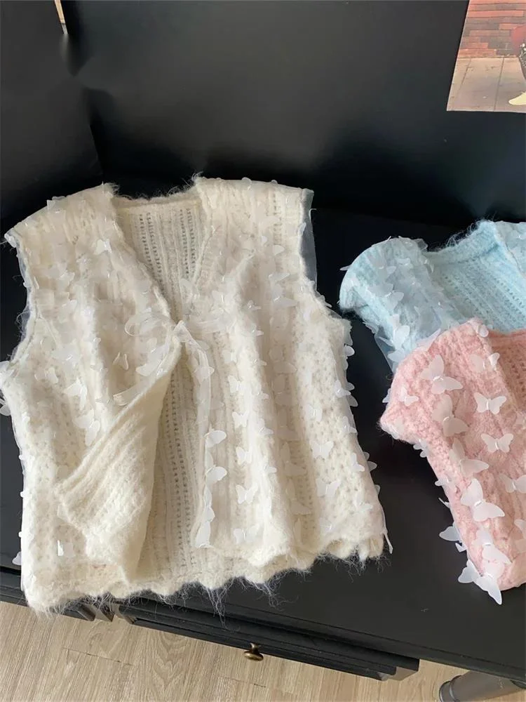 Korean Casual Knit Vest 3D Butterfly Lace Up V Neck High Quality Sweater Autumn Female Trend Basic Sleeveless Cardigan