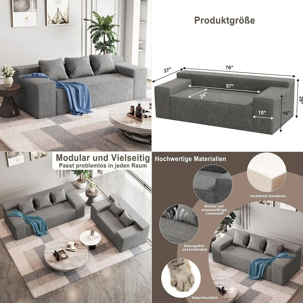 

Modular Sectional Sofa, 3 Seater 105 Deep Seat Corduroy Lounge Sofa with Movable Cushions, Modular Couch for Small Spaces, Livi