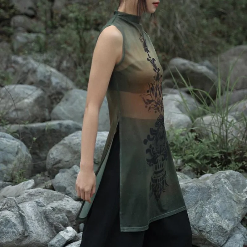 New Chinese Style Retro Printed Split Vest Lightweight Mesh Design for Women's Summer Slim Fit Half High Neck Top Fresh Elegant