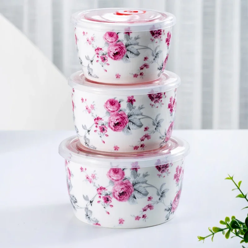 3 Pieces of Ceramic Fresh Bowl Set Fresh Food Box Lunch Box Lunch Box with Lid Bowl Can Be Used In Microwave Oven Rice Bowl Weed