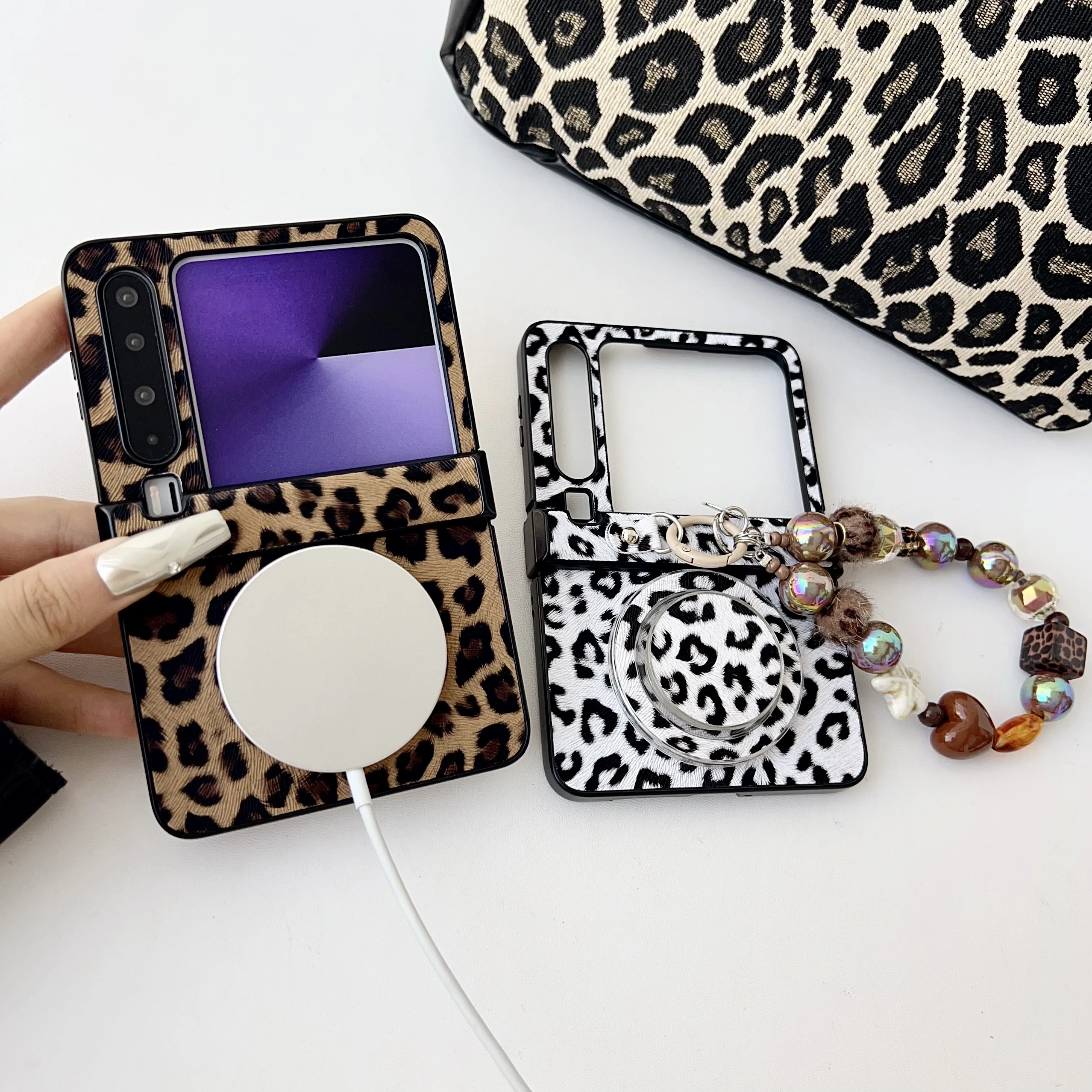 

Back Cover For Huawei Pura X Pocket2 Nova Flip Case Leopard Panther Magnetic Attraction Bracket Bracelet Wristband Chain Case